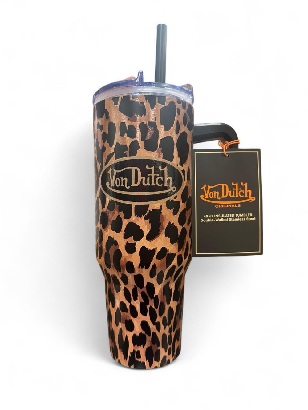 Von Dutch 40oz Tumbler with Handle, Straw & Multifunctional Lid, leopard print
